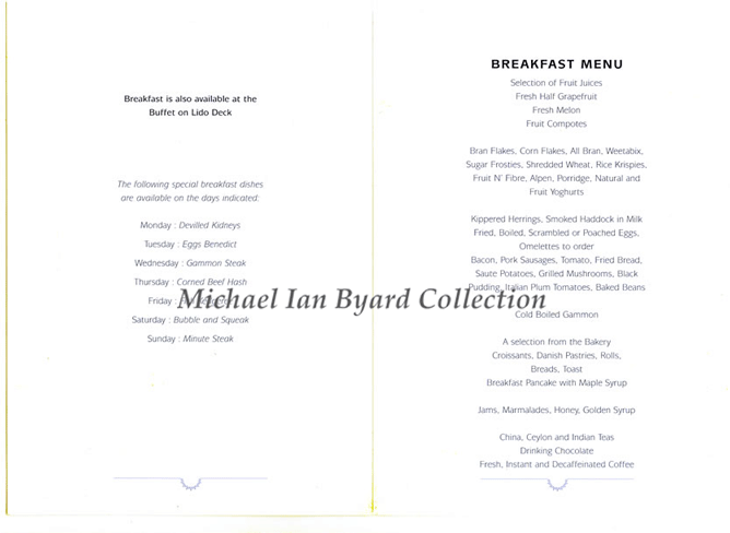 P and O Cruises Breakfast Menu interior